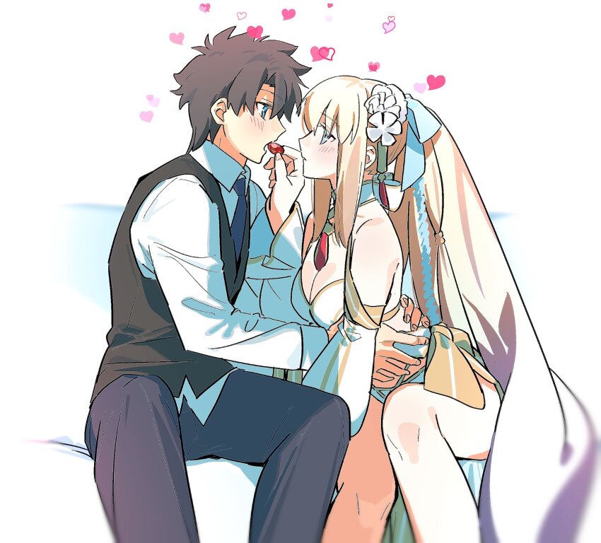 1boy 1girl black_hair blue_eyes blush braid chietori fate/grand_order fate_(series) feeding flower formal_clothes fujimaru_ritsuka_(male) fujimaru_ritsuka_(male)_(anniversary_blonde) hair_between_eyes hair_flower hair_ornament half_up_braid highres long_hair morgan_le_fay_(fate) morgan_le_fay_(water_princess)_(fate) necktie open_mouth ponytail short_hair simple_background suit swimsuit very_long_hair vest white_hair