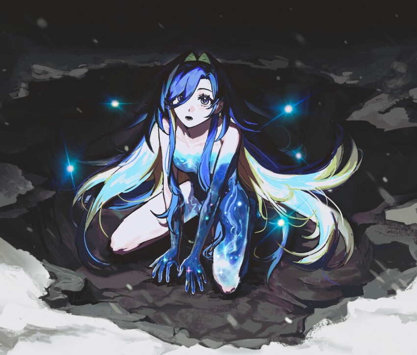 1girl between_legs blonde_hair blue_eyes blue_hair crater full_body gradient_skin gyeol_124 hair_intakes hand_between_legs hand_on_ground highres kneeling light_particles long_hair looking_at_viewer nude open_mouth reverse:1999 solo starry_skin very_long_hair voyager_(reverse:1999)