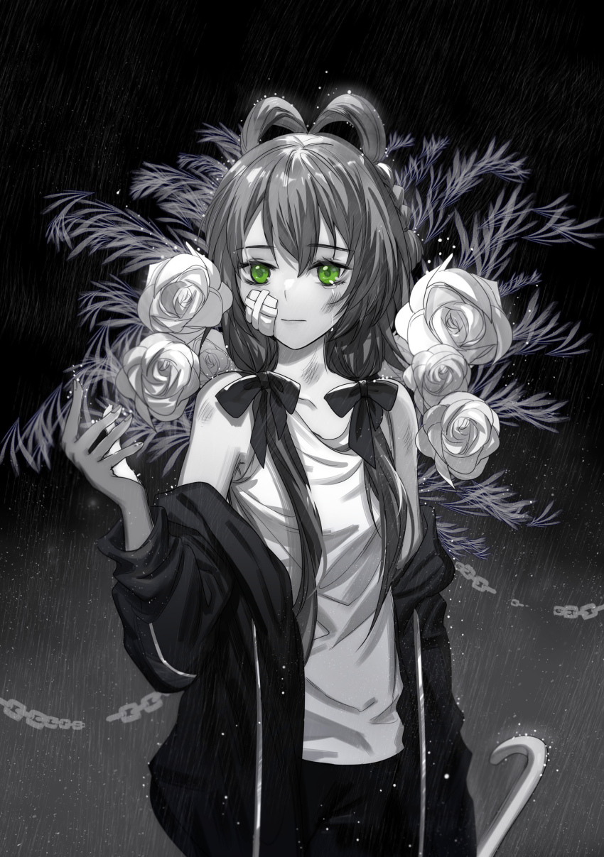 1girl absurdres bow clothes_down female_focus flower green_eyes hair_between_eyes hair_bow highres jacket jamjar77 limited_palette long_hair luo_tianyi open_clothes open_jacket rain shirt sleeveless sleeveless_shirt solo standing tears vocaloid vocanese vsinger_(vocaloid)