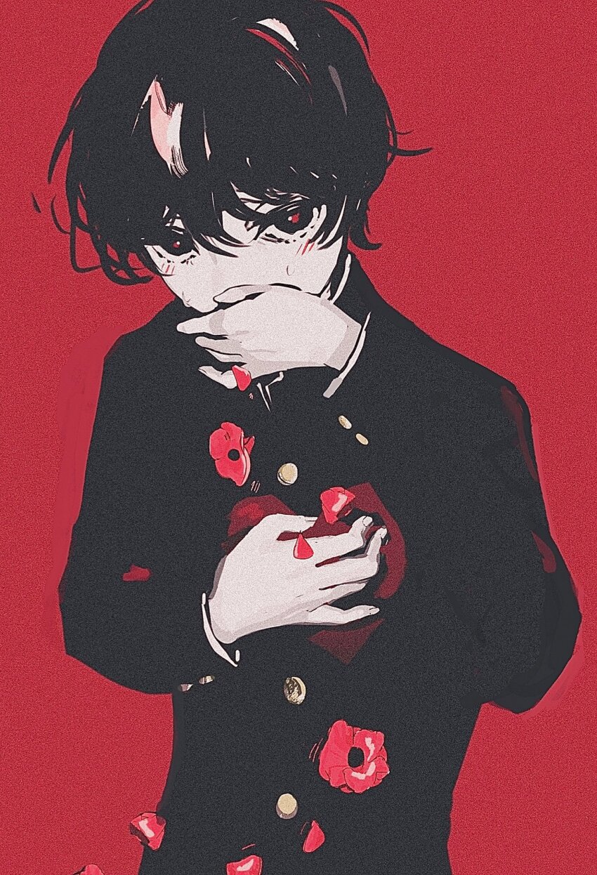 1boy alternate_body_fluid coughing_flowers covered_mouth covering_own_mouth flower gakuran hand_on_own_chest hand_on_own_face hands_up highres long_sleeves looking_at_viewer male_focus mitsubachi_(roundbee) monochrome original petals red_theme school_uniform short_hair simple_background solo tears upper_body