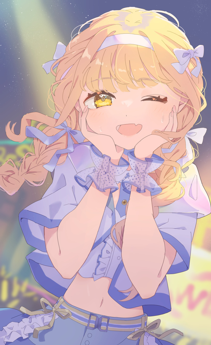1girl absurdres blonde_hair blush bow braid breasts dot_nose dutch_angle fang floating_hair fujita_kotone gakuen_idolmaster glowstick hair_bow hair_ribbon hairband hands_on_own_cheeks hands_on_own_face highres idolmaster kousaki_(yeuk7427) light_particles long_hair looking_at_viewer midriff navel one_eye_closed open_mouth purple_ribbon purple_scrunchie purple_shirt ribbon screen scrunchie sekaiichi_kawaii_watashi_(idolmaster) shirt skin_fang small_breasts smile solo stage stage_lights twin_braids upper_body white_hairband wrist_scrunchie yellow_eyes