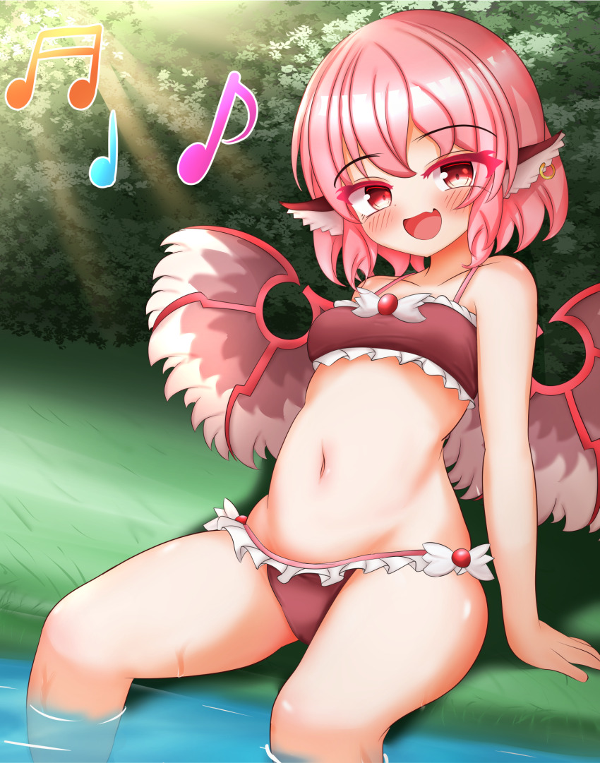1girl :d animal_ears bikini bird_ears bird_wings blush breasts brown_bikini frilled_bikini frills highres kasoka_soka light_rays looking_at_viewer musical_note mystia_lorelei navel open_mouth outdoors pink_eyes pink_hair red_eyes short_hair sitting small_breasts smile swimsuit touhou variant_set wading wings
