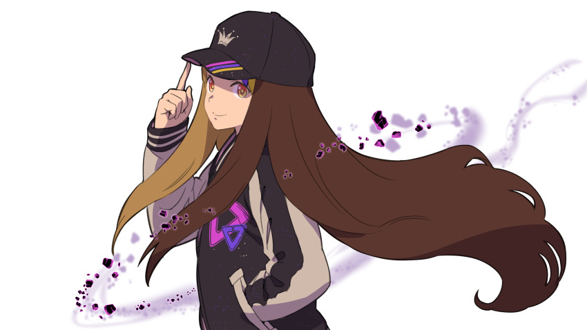 1girl absurdres adjusting_clothes adjusting_headwear baseball_cap black_hat black_jacket brown_eyes brown_hair commentary crown_print debris finger_to_headwear from_side galaco galaco_(neo) hand_in_pocket hand_up hat highres index_finger_raised jacket long_hair looking_at_viewer looking_to_the_side multicolored_hair smile solo streaked_hair tarokazu upper_body very_long_hair vocaloid white_background