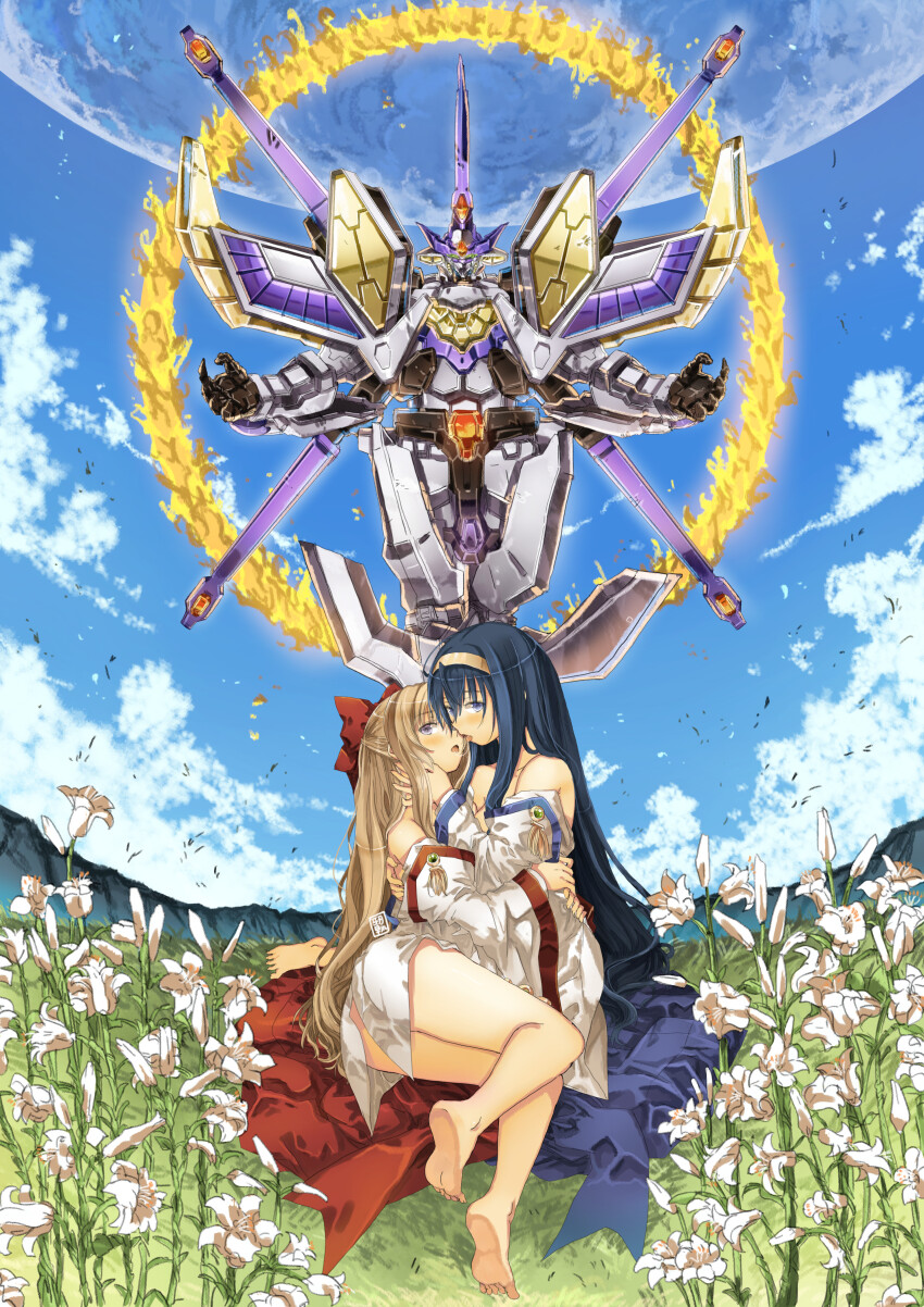 2girls absurdres after_kiss ame_no_murakumo barefoot blue_eyes blue_hair blush brown_hair cloud collarbone dress flower garimpeiro gold_hairband hairband highres himemiya_chikane hug kannazuki_no_miko kurusugawa_himeko lily_(flower) long_hair looking_at_viewer mecha moon mountainous_horizon multiple_girls off_shoulder open_hands purple_eyes robot saliva saliva_trail sky soles very_long_hair white_dress white_flower yuri