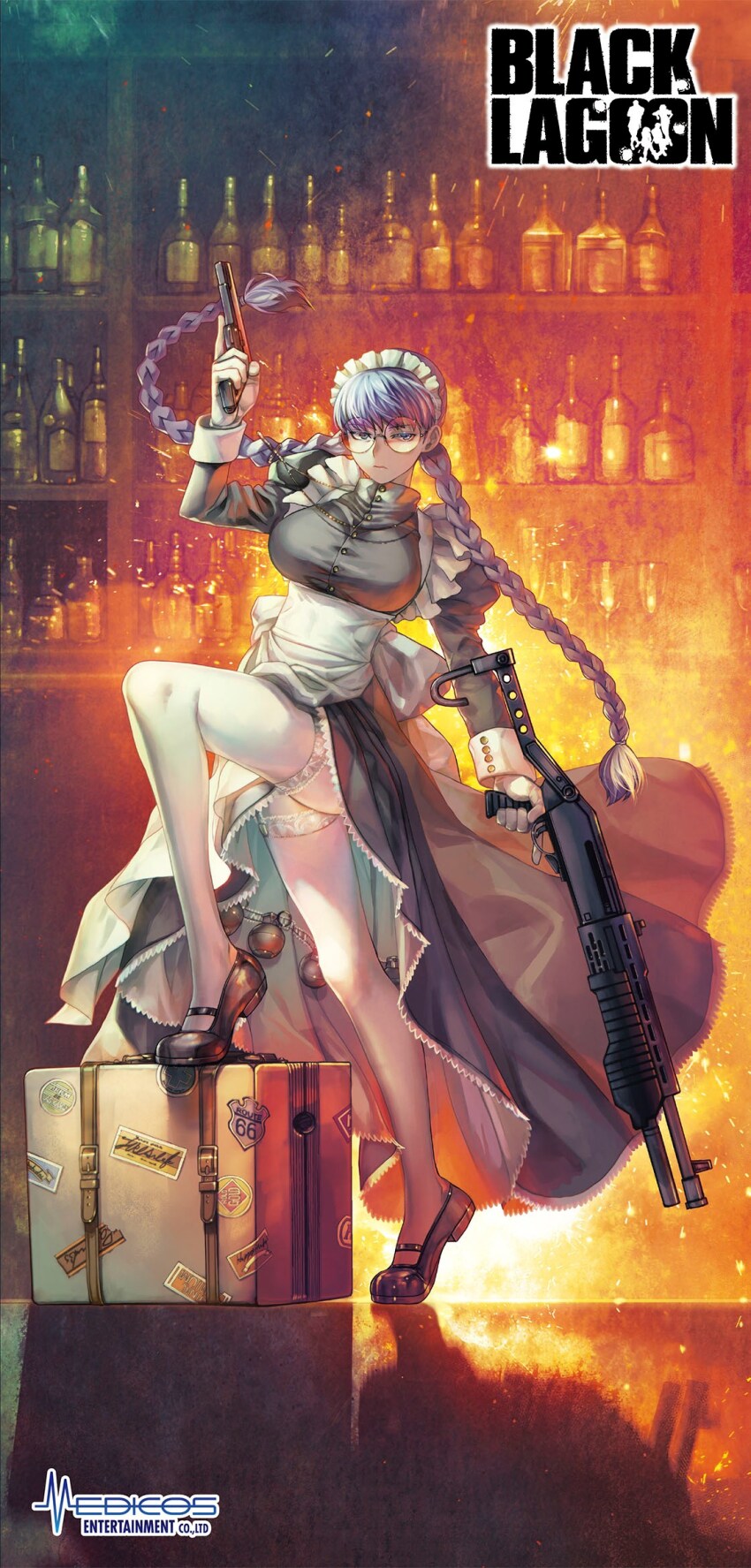 1girl abstract_background apron asymmetrical_dual_wielding back_ribbon bar_(place) belt belt_buckle black_dress black_hair black_lagoon black_shoes blue_eyes blunt_bangs braid breasts brown_belt buckle buttons closed_mouth copyright_name cross cross_necklace dress dual-mode_shotgun dual_wielding embers explosive expressionless floating_hair fn_minimi fragmentation_grenade frilled_apron frilled_dress frills frown full_body garter_straps glass_bottle gloves grenade gun hair_tie hand_grenade hand_up handgun high_collar highres hiroe_rei holding holding_gun holding_weapon jewelry knee_up large_breasts long_dress long_hair long_sleeves looking_at_viewer low_twin_braids m1911 m67 maid maid_apron maid_headdress mary_janes mature_female necklace official_art pistol pump-action_shotgun pump_action ribbon roberta_(black_lagoon) round_eyewear semi-automatic_shotgun shadow shelf shoes shotgun skindentation solo spas-12 suitcase thighhighs trigger_discipline twin_braids twintails waist_apron weapon white_apron white_garter_straps white_gloves white_ribbon white_thighhighs white_wrist_cuffs wrist_cuffs