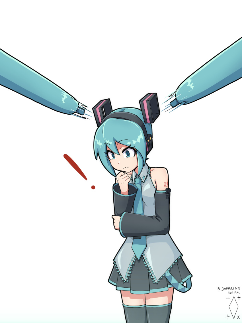 ! 1girl aqua_eyes aqua_hair aqua_necktie artist_logo bare_shoulders black_boots black_skirt boots collared_shirt dated detached_hair detached_sleeves digiral grey_shirt hatsune_miku headphones highres logo miniskirt necktie number_tattoo pleated_skirt shirt shoulder_tattoo simple_background skirt sleeveless sleeveless_shirt solo tattoo thigh_boots thighhighs thinking twintails vocaloid white_background zettai_ryouiki