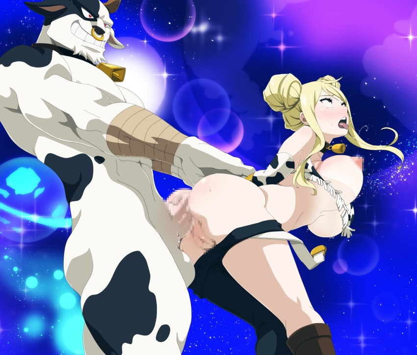 absurdres anal animal_print arched_back bikini blank_eyes blonde_hair bouncing_breasts breasts cow_print cow_print_bikini fairy_tail highres large_breasts lexus_(artist) lucy_heartfilia muscular open_mouth print_bikini rape_face sex sex_from_behind swimsuit taurus_(fairy_tail) tongue tongue_out