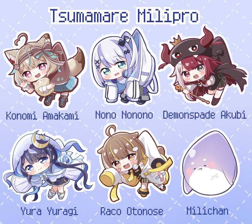5girls :d ^_^ ahoge akubi_demonspade amakami_konomi animal_ears aqua_eyes aqua_hair bandeau black_footwear black_hair black_hat black_shorts black_skirt blonde_hair blue_background blue_eyes blue_hair blue_skirt blunt_bangs brown_eyes brown_hair character_name chibi chibi_only claw_pose closed_eyes commentary_request criss-cross_halter dotted_line drooling eighth_note fang fortissimo grey_hair grid_background hair_ornament halterneck hat headphones headphones_around_neck heart heart_ahoge heterochromia highres hood hood_up horned_hat kiryu_(sora_no_iroto) long_hair looking_at_viewer milichan million_production miniskirt multicolored_hair multiple_girls musical_note musical_note_hair_ornament nonono_nono open_mouth orange_eyes otonose_raco otter_ears otter_girl otter_tail outline pink_eyes pixel_text pleated_skirt purple_hair red_eyes shoes shorts sidelocks skin_fang skirt smile sneakers split-color_hair streaked_hair tail v-shaped_eyebrows virtual_youtuber white_bandeau white_outline wolf_ears wolf_girl wolf_tail x_hair_ornament yuragi_yura