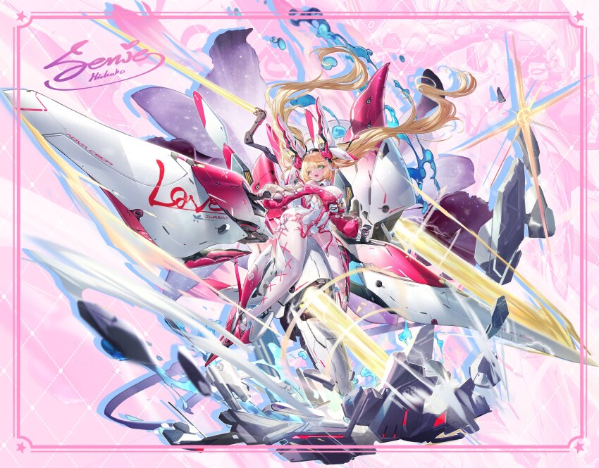 1girl absurdly_long_hair artist_name blonde_hair bodysuit breasts crosscore dk.senie full_body headgear highres large_breasts long_hair looking_at_viewer mecha_musume solo twintails very_long_hair white_bodysuit
