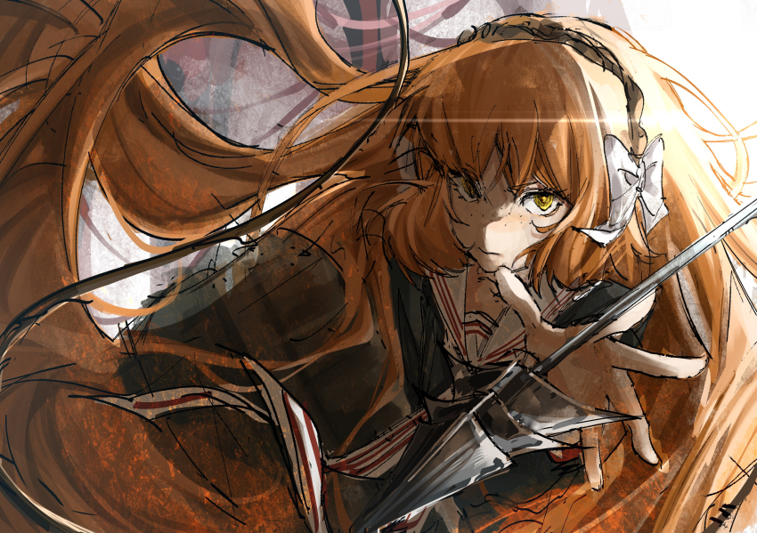 1girl black_shirt bow freckles hair_bow hairband highres humian0101 ishmael_(project_moon) limbus_company long_hair looking_at_viewer orange_hair project_moon rope sailor_collar sailor_shirt serious shirt snagharpoon_(e.g.o) solo throwing_weapon upper_body very_long_hair yellow_eyes