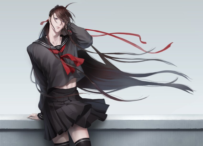 1boy absurdres ahoge alternate_costume black_hair black_serafuku black_skirt black_thighhighs brown_hair contemporary crossdressing floating_hair hair_down hair_ribbon half_updo highres korean_commentary long_hair male_focus midriff midriff_peek modao_zushi navel neckerchief official_alternate_hairstyle pleated_skirt purple_eyes red_neckerchief red_ribbon ribbon school_uniform serafuku skirt solo ssu_saeu thighhighs trap very_long_hair wei_wuxian wei_wuxian_(yiling_laozu) wind zettai_ryouiki