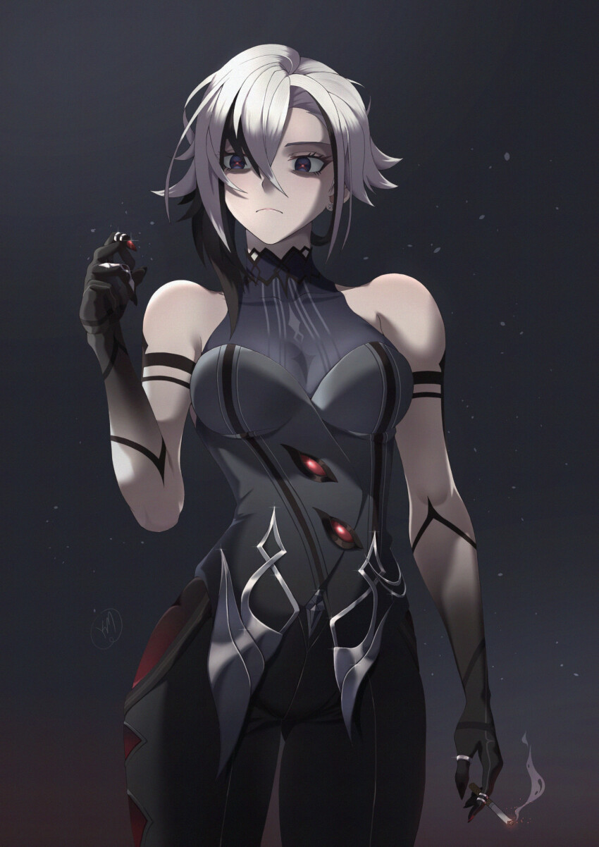 arlecchino_(genshin_impact) black_eyes black_hands cigarette colored_extremities genshin_impact gradient_skin highres holding holding_cigarette jewelry kmconceptart multicolored_hair multiple_rings red_nails red_pupils ring symbol-shaped_pupils two-tone_hair white_hair x-shaped_pupils