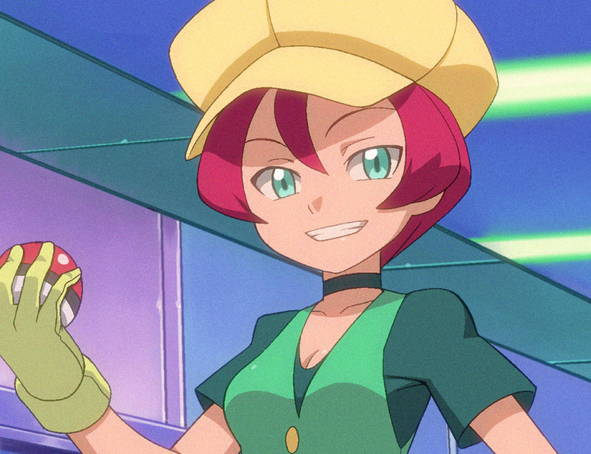 1girl bad_id bad_pixiv_id breasts choker cleavage collarbone commentary_request female_focus game_freak georgia_(pokemon) gloves green_choker green_eyes green_shirt grin hand_up hat holding holding_poke_ball indoors looking_at_viewer medium_breasts nintendo poke_ball poke_ball_(basic) pokemon pokemon_(anime) pokemon_bw_(anime) ryuntack shirt short_hair short_sleeves smile solo teeth upper_body yellow_gloves yellow_hat