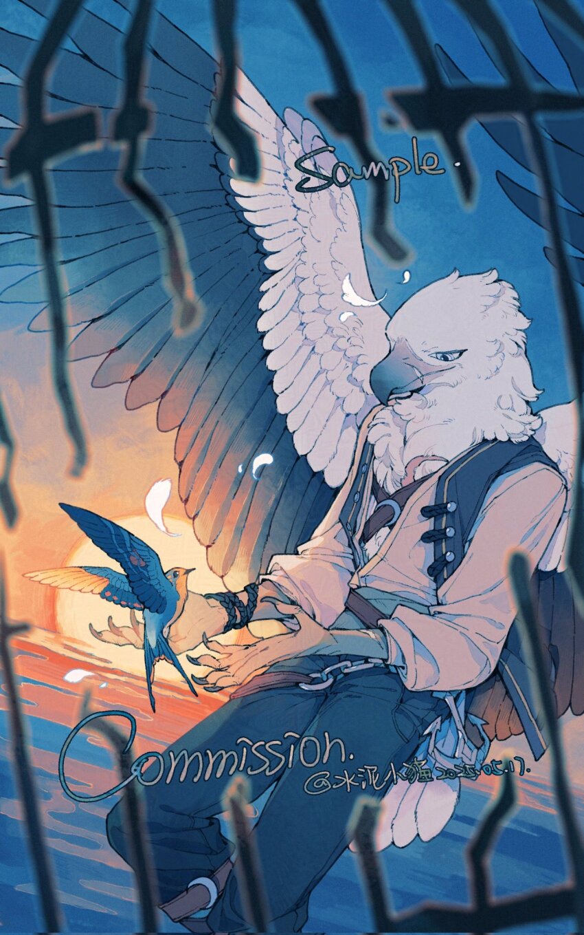 1boy anchor animal beak bird bird_boy bird_wings birdcage blue_eyes blue_pants cage chain clawed_hands closed_mouth eagle_boy feathered_wings furry furry_and_animal furry_male highres male_focus ocean original outdoors pants shuini_xiaomao sitting smile solo_focus spread_wings sunset translation_request vest water wings
