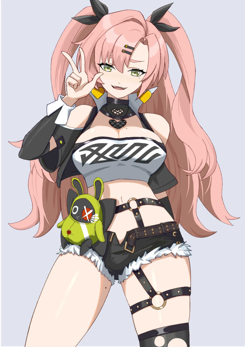 1girl :d absurdres amillion_(zenless_zone_zero) arm_behind_back bangboo_(zenless_zone_zero) belt breasts cleavage crop_top earrings green_eyes hair_ornament hairclip heart heart_earrings heart_pendant highres jan0t0 jewelry large_breasts long_hair mole mole_on_breast mole_under_eye nicole_demara o-ring o-ring_belt o-ring_thigh_strap open_fly open_mouth pink_hair short_shorts shorts single_thighhigh smile solo thigh_strap thighhighs two_side_up very_long_hair w zenless_zone_zero