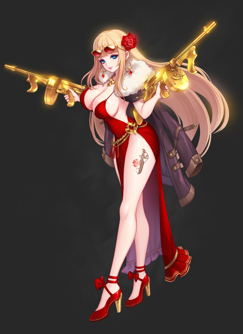 1girl absurdres bare_legs blonde_hair blue_eyes body_chain breasts chain cleavage cocktail_dress dress drum_magazine dual_wielding earrings evening_gown flower fur-trimmed_jacket fur_trim gold_chain gold_earrings gold_necklace golden_gun gun hair_flower hair_ornament high_heels highres holding holding_gun holding_weapon hoop_earrings jacket jewelry large_breasts leg_tattoo light_smile long_hair magazine_(weapon) necklace open_clothes open_jacket original pelvic_curtain plunging_neckline red_dress red_flower red_lips red_rose ribs rifle rose rose_tattoo shiny_skin side_slit simple_background smile submachine_gun sunglasses tattoo thighs thompson_submachine_gun toriseru_(rare_stone) very_long_hair weapon