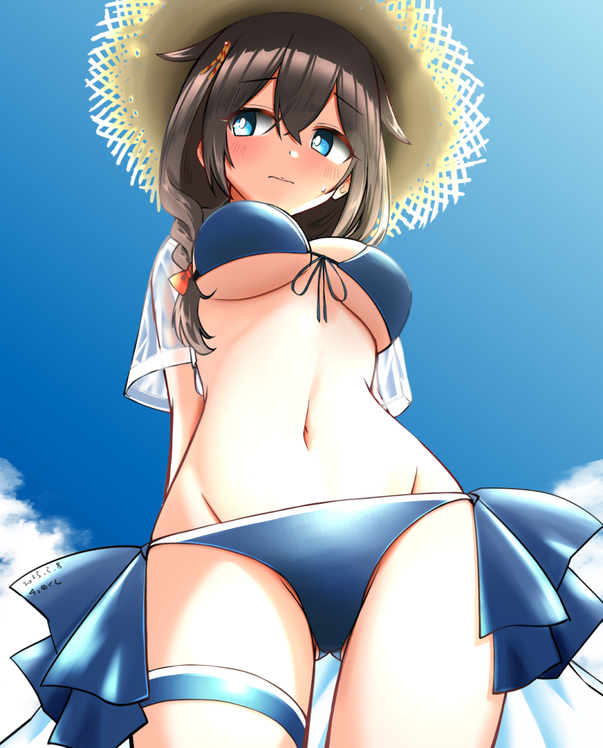 1girl bikini black_hair blue_bikini blue_eyes braid breasts frilled_bikini frills from_below front-tie_bikini_top front-tie_top gluteal_fold hair_flaps hair_over_shoulder hat highres kantai_collection large_breasts long_hair lowleg lowleg_bikini official_alternate_costume open_clothes open_shirt shigure_(kancolle) shigure_kai_san_(kancolle) shigure_kai_san_(swimsuit)_(kancolle) shirt side-tie_bikini_bottom single_braid solo straw_hat swimsuit underboob wada-kun white_shirt