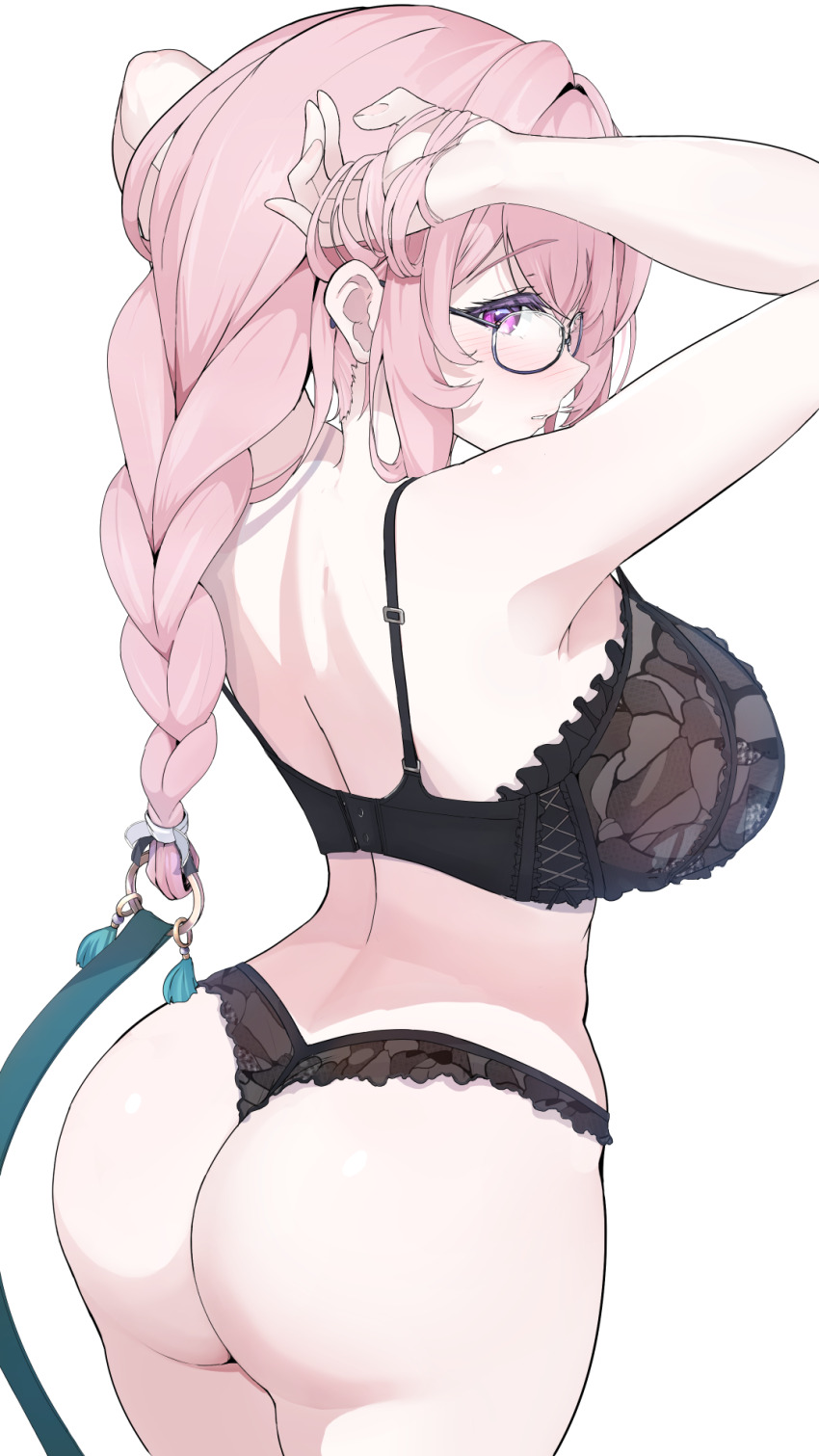 1girl aqua_ribbon ass back black-framed_eyewear black_bra black_panties blush bra braid breasts fingernails frilled_bra frilled_panties frills from_behind glass glasses hair_ribbon hand_in_own_hair highres huge_breasts large_breasts long_hair nail_polish panties parted_lips pink_eyes pink_hair pink_nails ribbon ring_hair_ornament simple_background solo sukesan thighs tsukishiro_yanagi underwear underwear_only white_background white_ribbon zenless_zone_zero