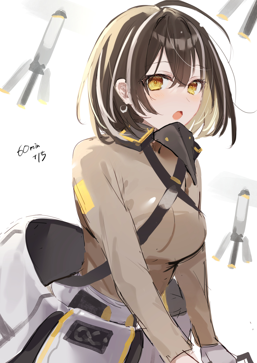 1girl :o absurdres ahoge arknights breasts brown_hair brown_shirt coat drone earrings elite_ii_(arknights) hair_between_eyes highres jewelry large_breasts looking_at_viewer magallan_(arknights) magallan_(elite_ii)_(arknights) mask mask_around_neck matsuzaka_(matsuzakagyu_29) multicolored_hair one-hour_drawing_challenge shirt short_hair sketch solo streaked_hair upper_body white_coat white_hair