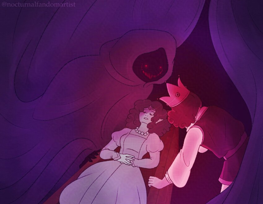 1boy 1girl brother_and_sister brown_hair crown dress elf evil_grin evil_smile grin looking_at_another nintendo pink_dress pointy_ears prince_of_hyrule princess_zelda red_eyes red_hair siblings sleeping smile spell the_legend_of_zelda tiara wizard zelda_ii:_the_adventure_of_link