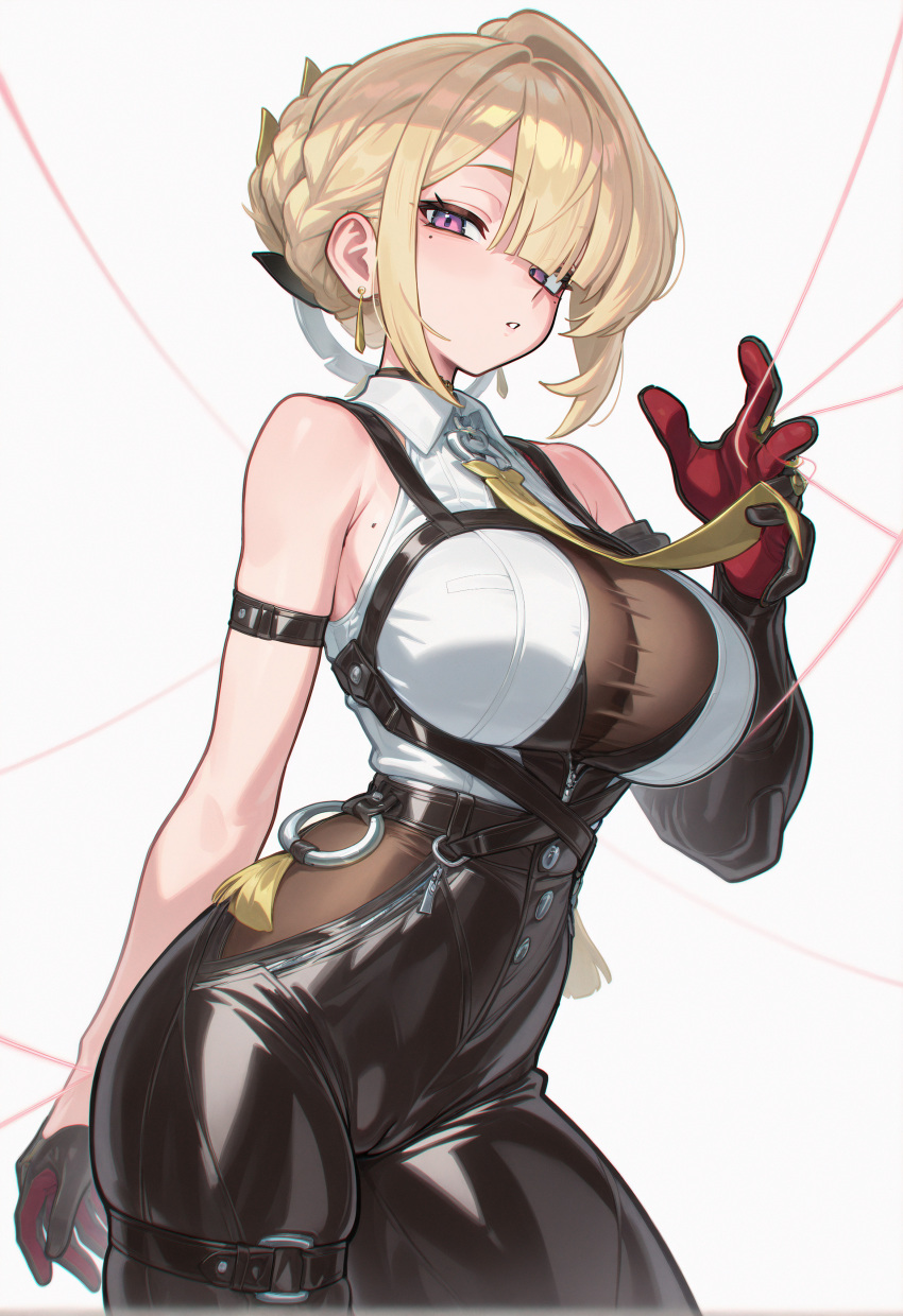 1girl absurdres akirai arm_strap black_pants blonde_hair breasts cameltoe chest_harness cleavage collared_shirt elbow_gloves evelyn_chevalier full_body gloves half_gloves harness high-waist_pants highres large_breasts latex_pants looking_at_viewer mole mole_on_breast mole_under_eye necktie pants parted_lips purple_eyes shirt single_elbow_glove single_half_glove string tight_clothes tight_pants white_shirt yellow_necktie zenless_zone_zero