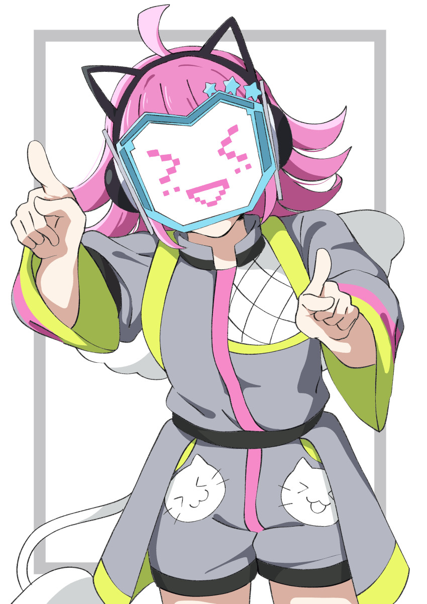 &gt;_&lt; 1girl :d absurdres ahoge blunt_bangs blunt_ends commentary cowboy_shot facing_viewer grey_jumpsuit highres index_fingers_raised jumpsuit kishimen_hair long_sleeves love_live! love_live!_nijigasaki_high_school_idol_club masked medium_hair open_mouth pink_hair rina-chan_board short_jumpsuit simple_background smile solo tennoji_rina tsunagaru_connect_(love_live!) uchuu_no_mozuku white_background xd