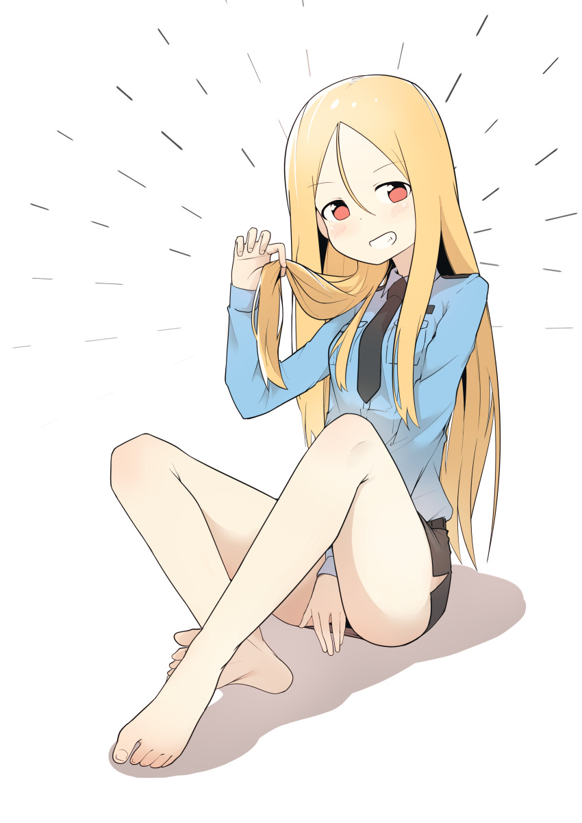 1girl absurdres barefoot blonde_hair blue_shirt blush bural_chingu feet female_focus full_body grin hair_between_eyes highres lee_ji-min long_hair looking_at_viewer necktie open_mouth red_eyes shirt simple_background skirt smile solo white_background wweed