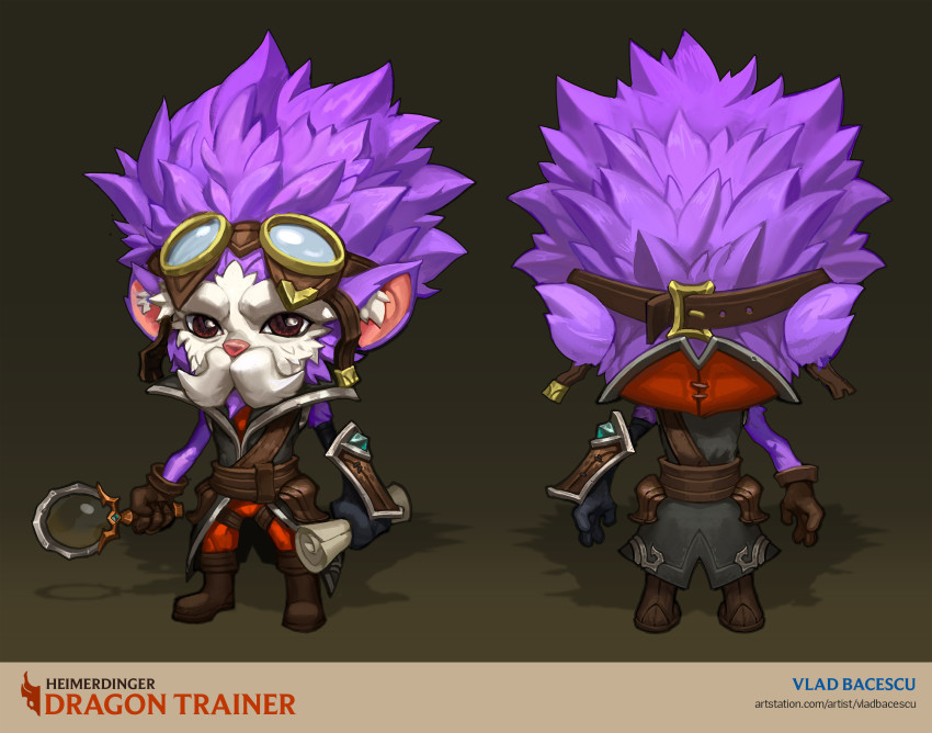 1boy artist_name brown_background brown_eyes brown_gloves character_name dragon_trainer_heimerdinger from_behind full_body gloves goggles goggles_on_head heimerdinger highres holding holding_scroll horns league_of_legends looking_at_viewer magnifying_glass multiple_views official_alternate_costume on_head pink_hair scroll standing vladbacescu watermark web_address wings yordle