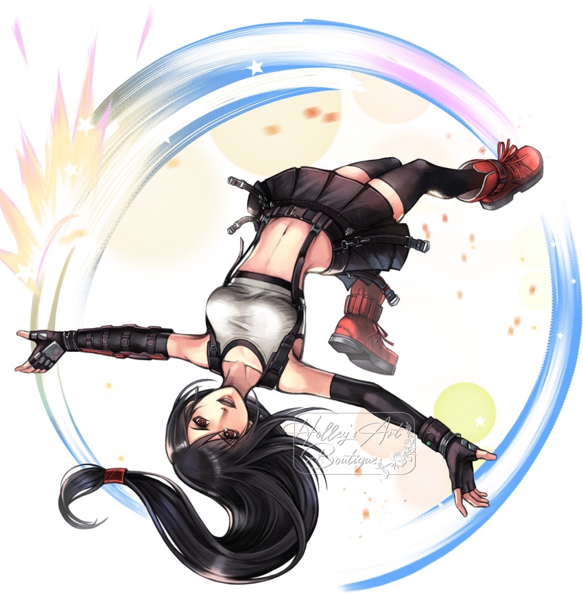 1girl absurdres artist_name bare_shoulders black_gloves black_hair black_skirt black_sports_bra black_thighhighs boots breasts collarbone commentary crop_top earrings elbow_gloves english_commentary final_fantasy final_fantasy_vii final_fantasy_vii_rebirth final_fantasy_vii_remake floating_hair full_body gloves highres hollypolllyy jewelry kicking long_hair looking_at_viewer low-tied_long_hair medium_breasts midriff navel open_mouth outstretched_arms red_boots red_eyes single_earring skirt solo somersault sports_bra suspender_skirt suspenders tank_top thighhighs tifa_lockhart upside-down white_tank_top zettai_ryouiki