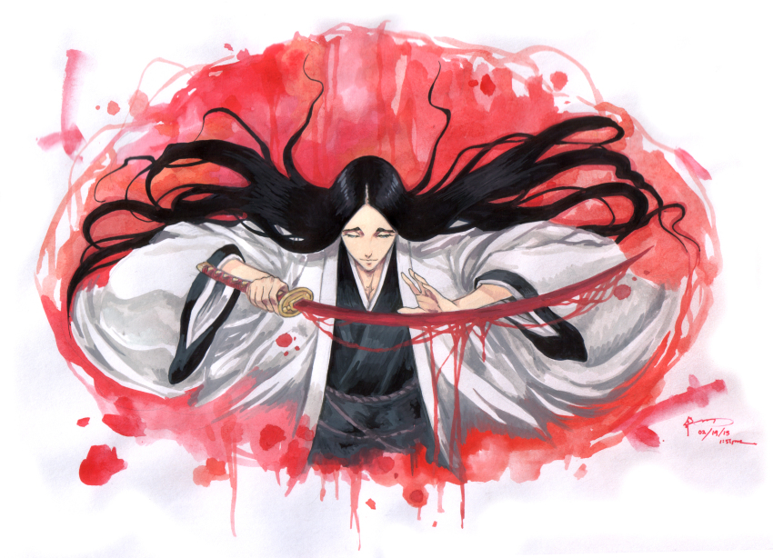 1girl absurdres bankai black_hair black_kimono bleach bleach:_sennen_kessen-hen blood blood_drip bloody_weapon closed_eyes dominic_ian_cabatit expressionless floating_hair hands_up haori highres holding holding_sword holding_weapon japanese_clothes katana kimono long_hair long_sleeves minazuki_(bankai) shihakusho shinigami solo sword taichou_haori unohana_retsu weapon white_haori wide_sleeves zanpakutou