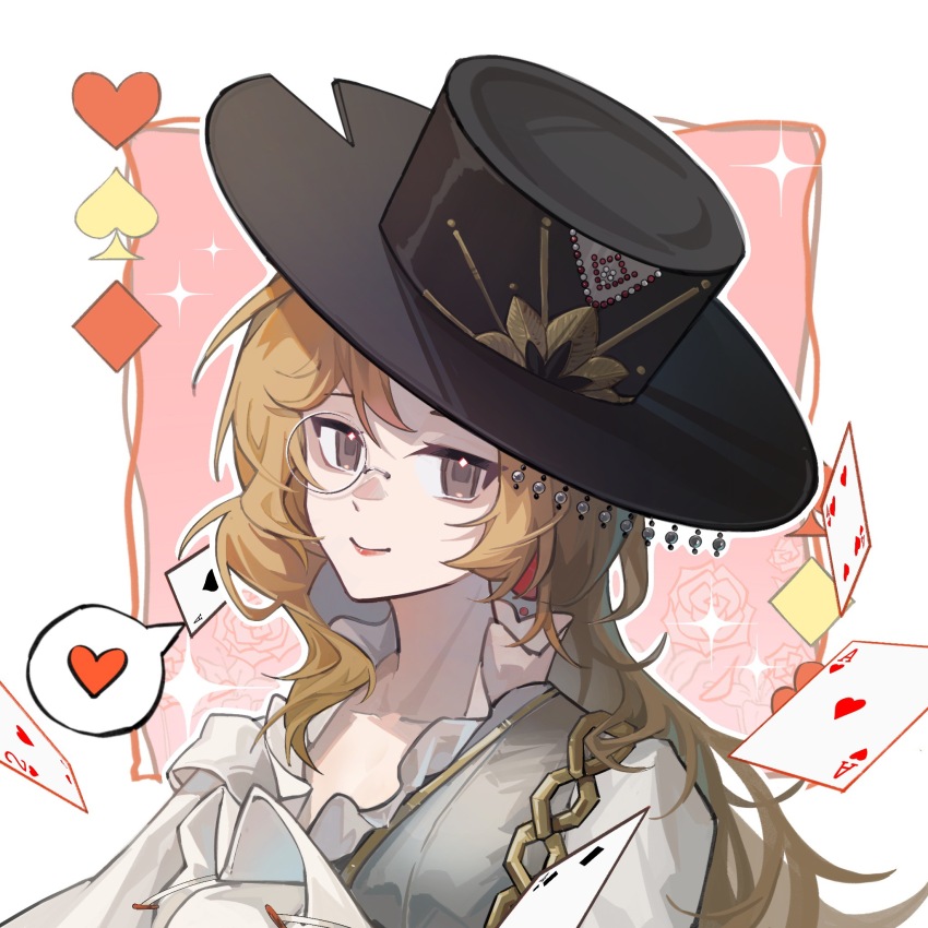 1girl ace_(playing_card) ace_of_hearts ace_of_spades black_hat brown_eyes brown_hair card diamond_(shape) dugu_jing flower four_of_hearts grey_vest hat heart highres long_hair melania_(reverse:1999) monocle official_alternate_costume pink_flower pink_rose playing_card reverse:1999 rose shirt smile solo spade_(shape) speech_bubble spoken_heart square top_hat two_of_hearts upper_body vest white_shirt