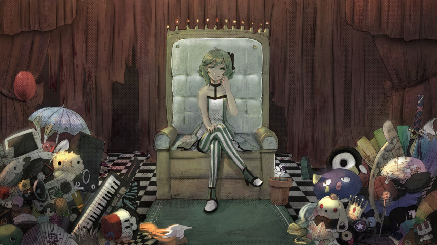 1girl absurdres baguette balloon bare_shoulders beer_bottle black_collar boombox bow bread collar computer crossed_legs crown curtains eggplant ekkoberry eyelashes fish flower flower_pot food fox_tail fruit gem green_eyes green_hair gumi hair_bow highres holding_own_leg ice_cream instrument katana keytar light_smile looking_at_viewer megaphone monster_(vocaloid) petite pineapple red_flower red_gemstone red_rose rose scabbard sheath solo spring_onion striped_clothes stuffed_animal stuffed_toy sword tail umbrella unworn_crown unworn_shoe vocaloid weapon