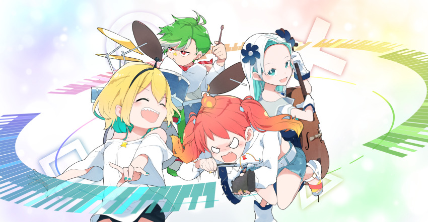 1boy 1girl 3girls :d ^_^ amano_pikamee bell belt black_hairband black_shorts blonde_hair blue_dress blue_shorts cello clenched_hand closed_eyes colored_inner_hair colored_tips commentary commentary_request cowbell cymbals daimonji_ryugon drawstring dress drum drum_set drumsticks english_commentary fang fiery_hair forehead from_side gloves green_hair green_nails green_pants hairband haneuzu_miuneru highres hikasa_tomoshika holding holding_drumsticks holding_instrument holographic_keyboard hood hood_down hoodie instrument keyboard_(instrument) long_hair long_sleeves looking_at_viewer looking_down midriff mixed-language_commentary motion_lines multicolored_hair multiple_girls music o_o off-shoulder_shirt off_shoulder open_mouth pants playing_instrument pleated_dress red_hair red_scarf ryo_(ryo_skrdi) sandals scarf sharp_teeth shirt shoes short_hair short_sleeves shorts sitting skin_fang smile solo standing standing_on_one_leg teeth toes twintails two-tone_hair upper_body upper_teeth_only v-shaped_eyebrows virtual_youtuber voms white_background white_belt white_footwear white_gloves white_hair white_hoodie white_shirt wide_sleeves yellow_nails