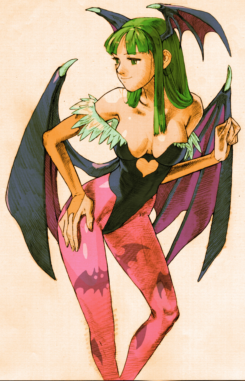 1girl animal_print bare_shoulders bat_print bat_wings bengus black_leotard breasts bridal_gauntlets capcom cleavage clothing_cutout darkstalkers demon_girl fur-trimmed_leotard fur_trim game_cg green_eyes green_hair hand_on_own_hip head_wings heart_cutout highleg highleg_leotard highres large_breasts leotard long_hair looking_to_the_side marvel_vs._capcom marvel_vs._capcom_2 morrigan_aensland non-web_source off-shoulder_leotard official_art pantyhose print_pantyhose purple_pantyhose purple_wings scan simple_background smile solo standing wings