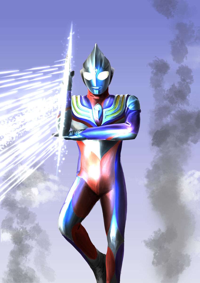 1boy absurdres alien armor battle blue_sky breastplate cloud cloudy_sky color_timer colored_skin commentary compound_eyes day dorsal_fin energy feet_out_of_frame forehead_jewel gattyo glowing glowing_eyes hands_up highres leg_up looking_down male_focus midair multi_type_(ultra_series) multicolored_skin outdoors purple_skin red_skin silver_skin sky smoke smoke_trail solo solo_focus tokusatsu ultra_beam ultra_series ultraman_dyna_(series) ultraman_tiga ultraman_tiga_&amp;_ultraman_dyna:_hikari_no_hoshi_no_senshi-tachi ultraman_tiga_(multi_type) ultraman_tiga_(series) white_eyes wrinkled_skin