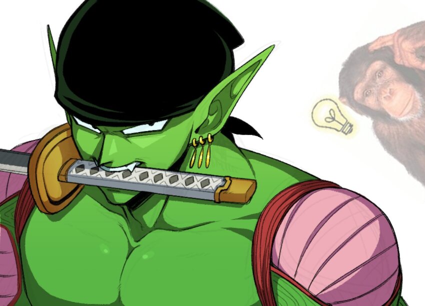 1boy bandana black_bandana chimpanzee colored_skin cosplay dragon_ball earrings fangs gold_earrings green_skin holding holding_sword holding_weapon jewelry katana light_bulb long_pointy_ears looking_at_viewer male_focus mouth_hold multicolored_skin multiple_earrings muscular muscular_male namekian one_piece photo_inset piccolo pink_skin pointy_ears portrait roronoa_zoro roronoa_zoro_(cosplay) solo sword teeth_hold topless_male v-shaped_eyes vsd02c weapon
