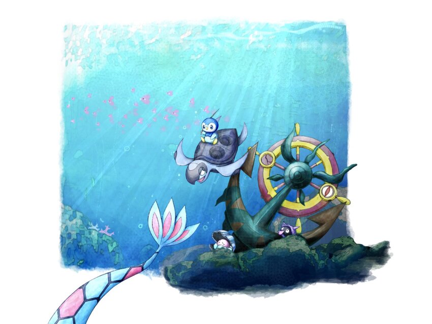anchor animal_focus bird border clamperl dhelmise fireblast forked_tail gen_1_pokemon gen_3_pokemon gen_4_pokemon gen_5_pokemon gen_7_pokemon highres kelp luvdisc milotic nintendo no_humans outside_border penguin piplup pokemon pokemon_(creature) scales school_of_fish shell shellder sunlight swimming tail tirtouga turtle underwater white_border