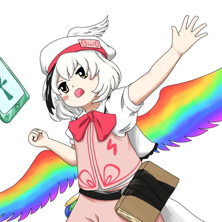 1girl highres hollow_song_of_birds medi_(blukou) multicolored_hair multicolored_wings neck_ribbon pink_shorts pink_vest ribbon short_hair shorts solo torisumi_horou touhou vest wings yellow_eyes