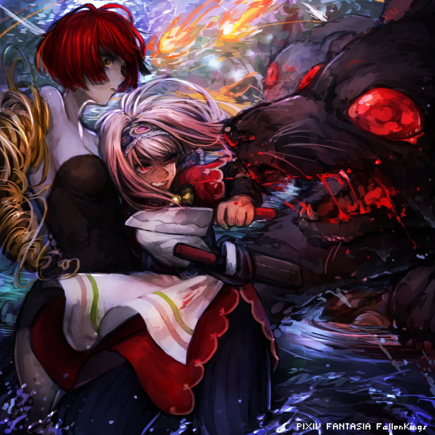 2girls akaneko_(redakanekocat) animal apron battle blood breasts cleavage clenched_teeth collarbone commentary_request copyright_name fireball floating_hair grey_hair hairband highres holding holding_knife kitchen_knife knife monster mouse_(animal) multiple_girls oversized_animal pixiv_fantasia pixiv_fantasia_fallen_kings red_eyes red_hair sharp_teeth short_hair teeth white_apron