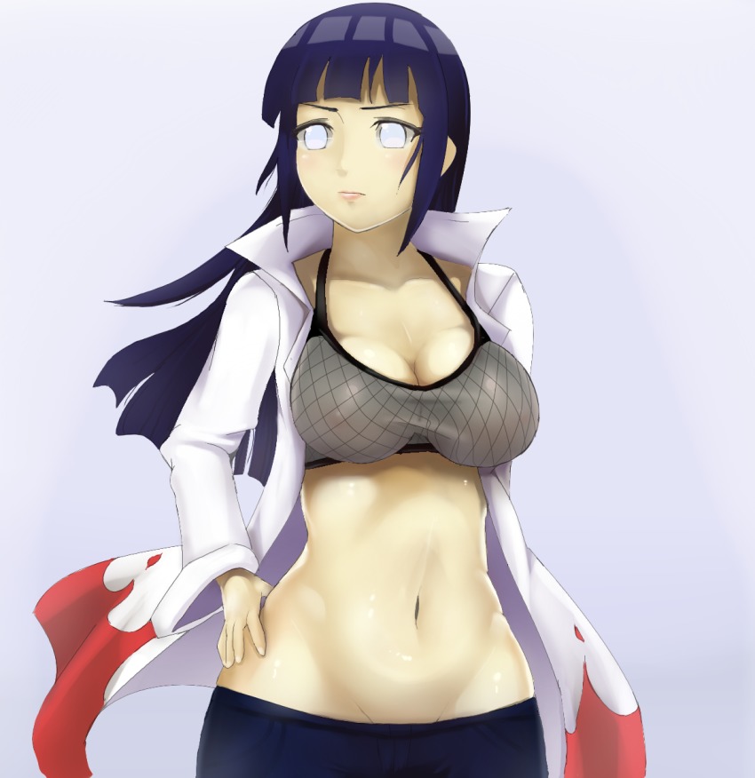 1girl black_hair breasts cleavage curvy female_focus highres hyuuga_hinata large_breasts long_hair naruto naruto_(series) navel nipples open_clothes purple_eyes sakuama see-through_clothes solo standing wide_hips