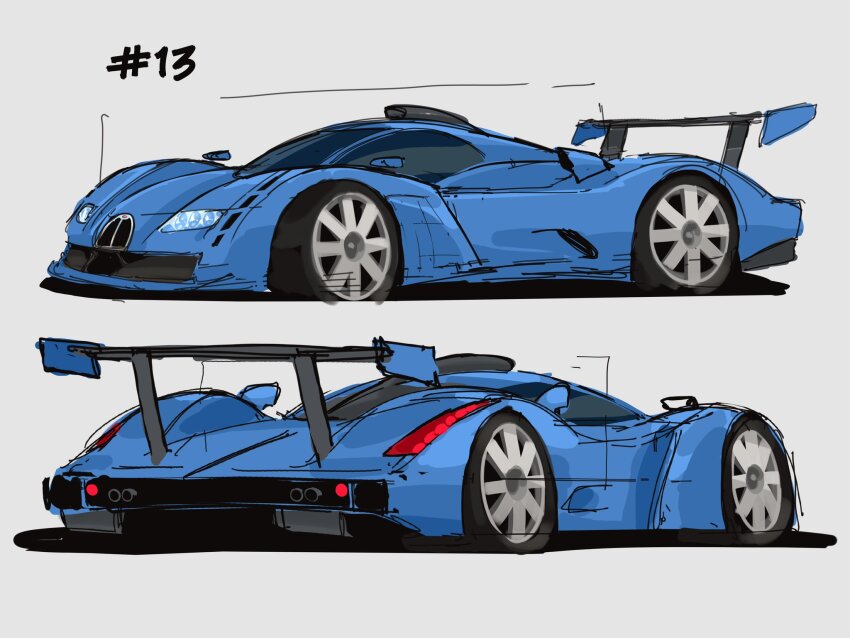 blue_car bugatti bugatti_chiron car firdraws grey_background highres le_mans_prototype motor_vehicle no_humans original race_vehicle racecar redesign shadow simple_background spoiler_(automobile) vehicle_focus