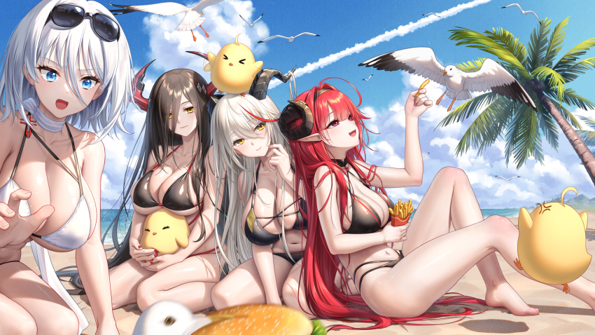 4girls aegir_(azur_lane) aviator_sunglasses azur_lane bikini bird black_hair blue_eyes burger cloud contrail food french_fries friedrich_der_grosse_(azur_lane) hair_spread_out haneru highres hindenburg_(azur_lane) horns long_hair manjuu_(azur_lane) multiple_girls red_eyes red_hair seagull short_hair sunglasses swimsuit tirpitz_(azur_lane) very_long_hair white_hair yellow_eyes
