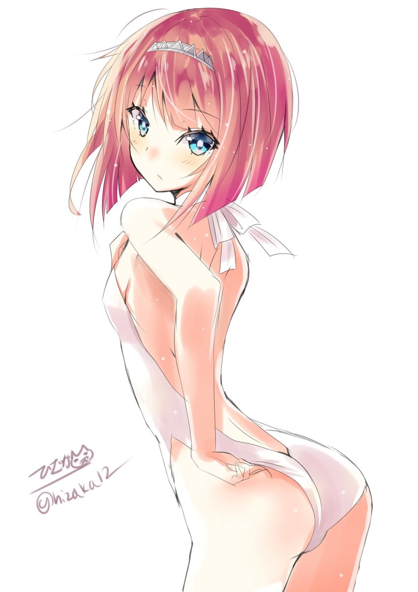 1girl ark_royal_(kancolle) ass blue_eyes blush breasts closed_mouth crown female_focus highres hizaka kantai_collection looking_at_viewer one-hour_drawing_challenge one-piece_swimsuit red_hair short_hair_with_long_locks simple_background small_breasts solo swimsuit twitter_username white_background white_one-piece_swimsuit