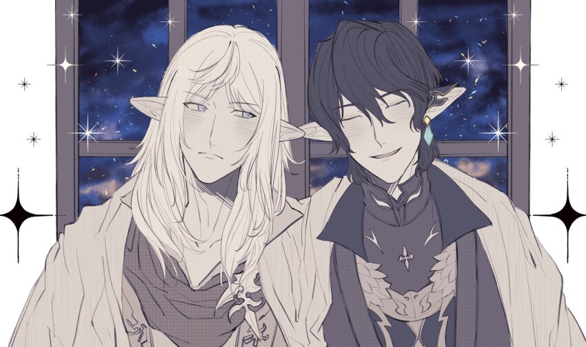 2boys aymeric_de_borel blue_eyes blush cape closed_eyes closed_mouth collared_shirt commentary ear_covers earrings eck3jqklrlpyzm2 elezen elf estinien_varlineau final_fantasy final_fantasy_xiv frown hair_behind_ear high_collar highres jewelry lapels long_hair long_pointy_ears looking_at_another looking_to_the_side male_focus multiple_boys open_mouth piercing pointy_ears scarf shirt short_hair side-by-side sideways_glance single_earring smile space sparkle upper_body window