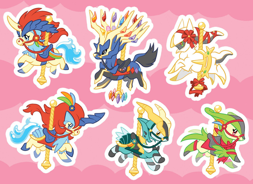 arceus blue_eyes carousel closed_mouth cobalion commentary creature english_commentary full_body gen_4_pokemon gen_5_pokemon gen_6_pokemon grey_eyes horns keldeo keldeo_(ordinary) keldeo_(resolute) legendary_pokemon mamath mythical_pokemon nintendo no_humans outline pink_background pokemon pokemon_(creature) single_horn smile virizion white_outline xerneas yellow_eyes