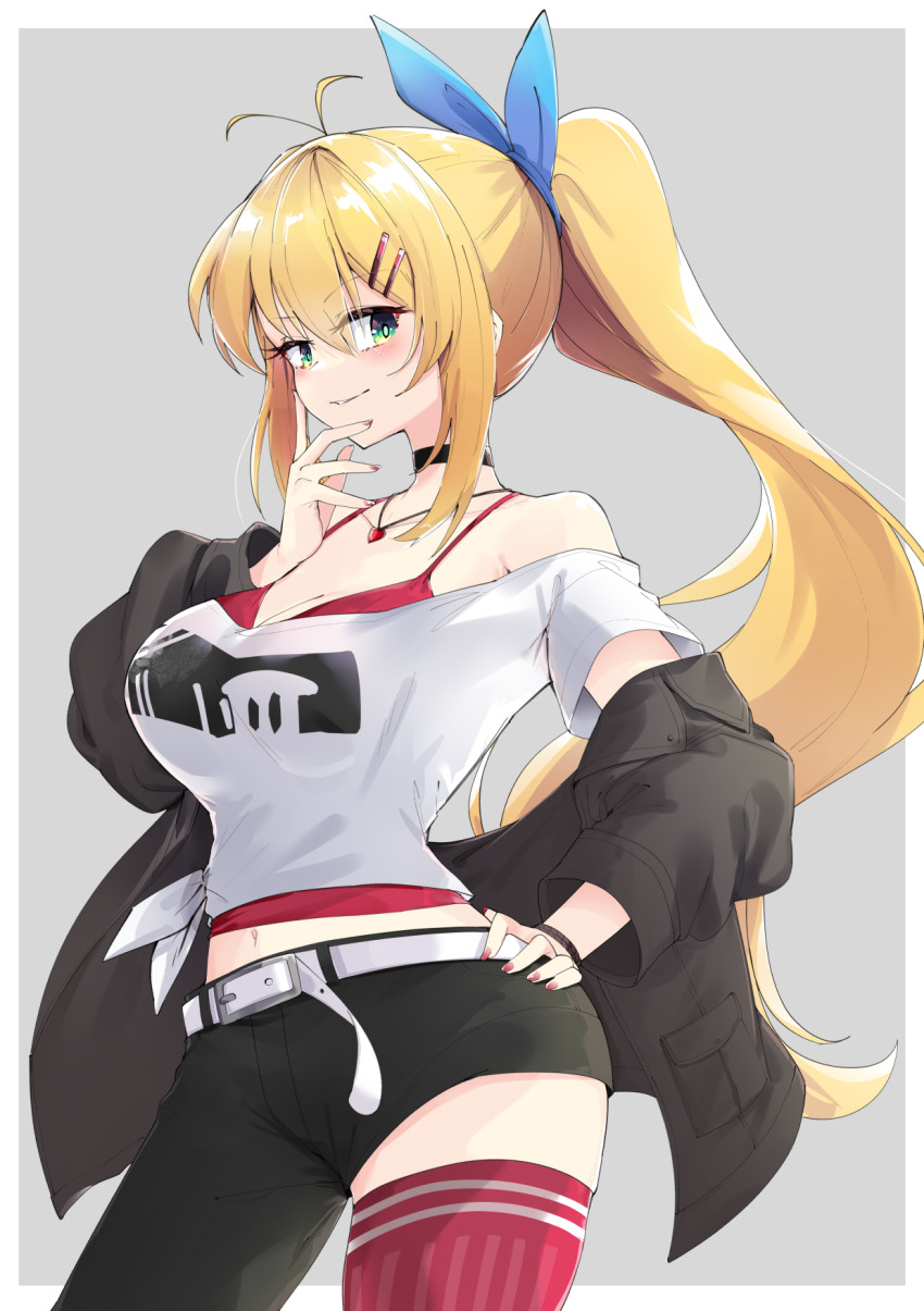 1girl antenna_hair asymmetrical_clothes bare_shoulders blonde_hair blue_bow bow breasts cevio choker cleavage green_eyes hand_on_own_face hand_on_own_hip highres jacket jacket_partially_removed jewelry large_breasts midriff_peek nail_polish navel necklace ponytail single_pantsleg single_thighhigh solo thighhighs tsurumaki_maki voiceroid zooanime