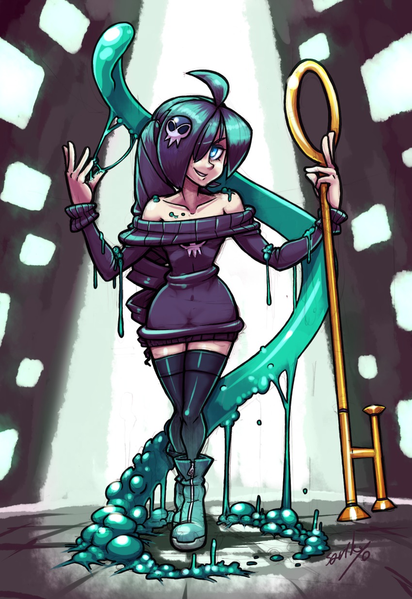 1girl absurdres ahoge alex_ahad_(style) bad_id bad_pixiv_id bare_shoulders black_thighhighs blue_eyes boots borrowed_character crossed_legs dress drill_hair female_focus full_body hair_ornament hair_over_one_eye highres key lemmy_(zone) long_hair long_image middle_finger narrow_waist off-shoulder off-shoulder_sweater off_shoulder official_style original oversized_object pale_skin parody ponytail purple_hair shioinu_kemushi short_dress skull_hair_ornament skullgirls slime_(substance) smile solo standing style_parody sweater sweater_dress tentacles thighhighs zettai_ryouiki zone-tan