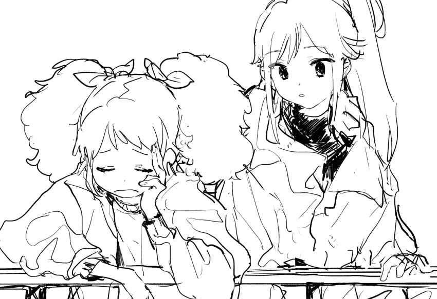 2girls against_railing aikatsu! aikatsu!_(series) bad_id bad_twitter_id closed_eyes greyscale hand_on_own_cheek hand_on_own_face highres inactive_account jacket long_hair looking_at_another monochrome multiple_girls open_mouth otoshiro_seira ponytail railing saegusa_kii sigh simple_background suiso_(owp) twintails upper_body white_background