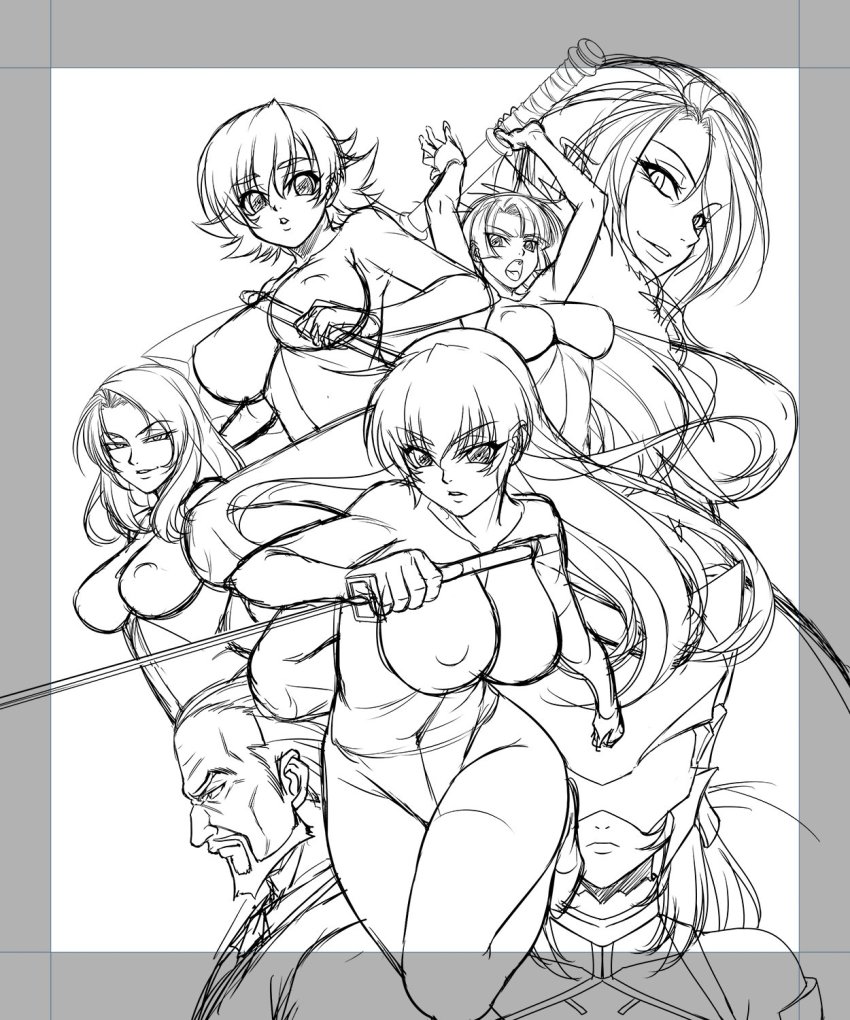 1boy 6+girls axe bare_shoulders bodysuit breasts character_request cleavage covered_erect_nipples covered_eyes covered_navel curvy dress dual_wielding epic formal_clothes full_body gloves hair_over_one_eye helmet highres hime_cut holding igawa_asagi igawa_sakura impossible_bodysuit impossible_clothes impossible_leotard kagami_hirotaka knife koukawa_oboro large_breasts leotard lilith-soft lipstick long_hair looking_at_viewer makeup monochrome multiple_girls nipples no_bra oboro_(taimanin_asagi) open_mouth outdoors parted_lips pelvic_curtain serious short_dress short_hair siblings simple_background sisters sketch smile snake_lady sword taimanin_(series) taimanin_asagi taimanin_asagi_zero team thick_thighs thighhighs thighs weapon white_background yatsu_murasaki