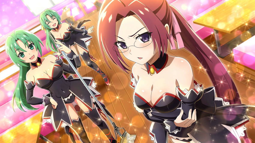 3girls :d ^_^ angel_mort arm_under_breasts black_leotard black_skirt black_sleeves black_thighhighs blurry blush breasts cleavage closed_eyes collarbone covered_navel crossed_arms curtained_hair depth_of_field detached_collar detached_sleeves dutch_angle game_cg glasses green_eyes green_hair hair_ribbon hand_on_own_hip highres higurashi_no_naku_koro_ni higurashi_no_naku_koro_ni_mei holding holding_mop indoors lens_flare leotard long_hair looking_at_viewer mop multiple_girls non-web_source official_art open_mouth pink_ribbon ponytail purple_hair red_shoes restaurant ribbon round_eyewear saionji_miyabi shoes showgirl_skirt shy skirt smile sonozaki_mion sonozaki_shion sparkle standing strapless strapless_leotard thighhighs very_long_hair waitress wooden_floor yellow_ribbon